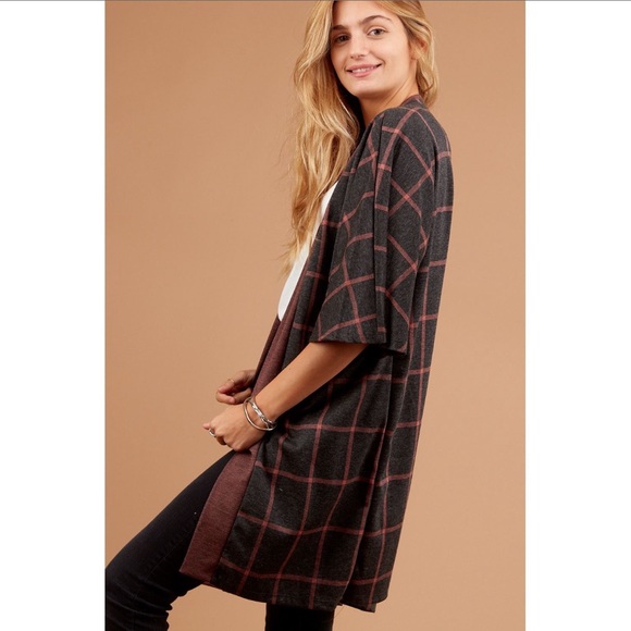 Charcoal and burgundy plaid cardigan - Picture 3 of 7